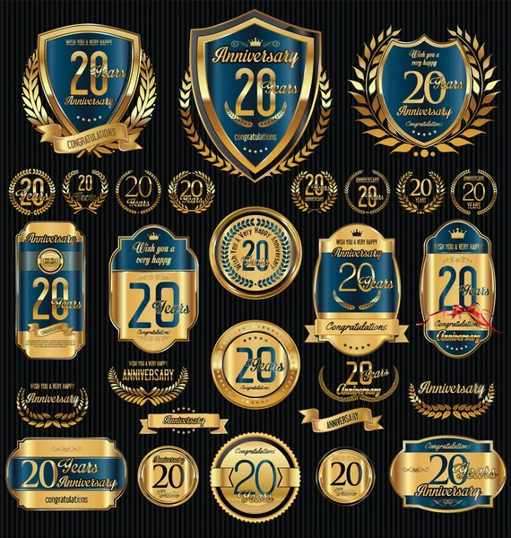 Aniversário dourado escudos laurel grinaldas e crachás coleção — Vetor de Stock