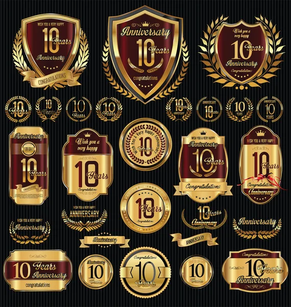 Aniversario de oro escudos coronas de laurel y colecciones de insignias — Vector de stock