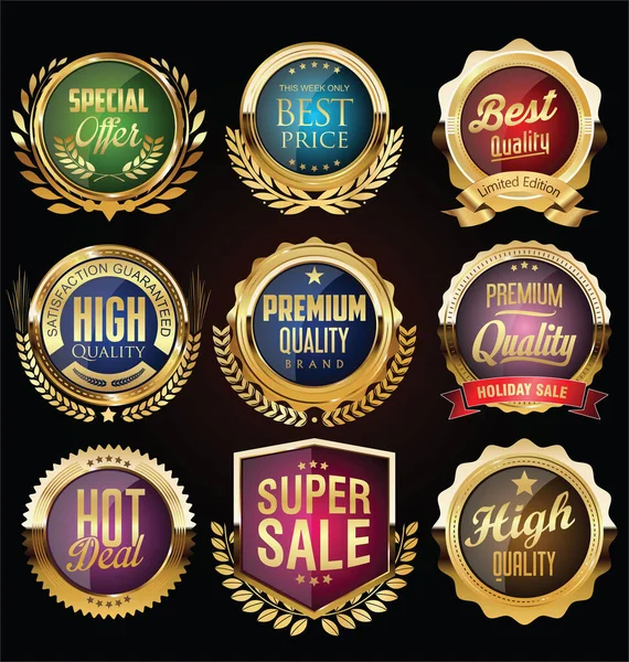 Retro Vintage Gouden Badges Etiketten Schilden — Stockvector