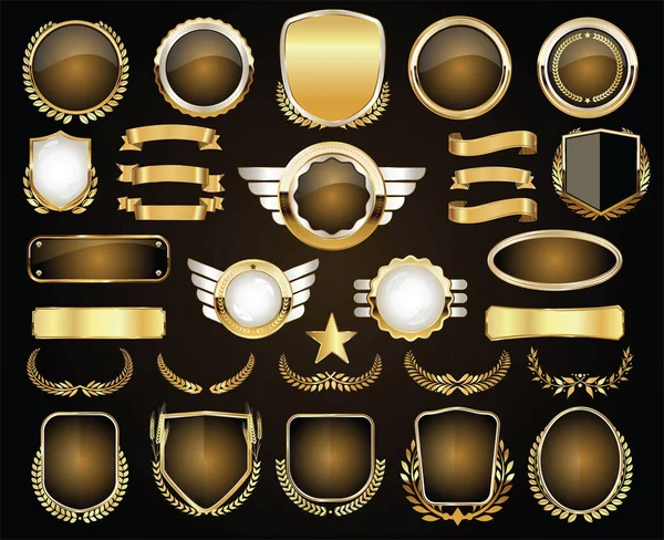 Badge Doré Étiquettes Collection Vintage Rétro — Image vectorielle