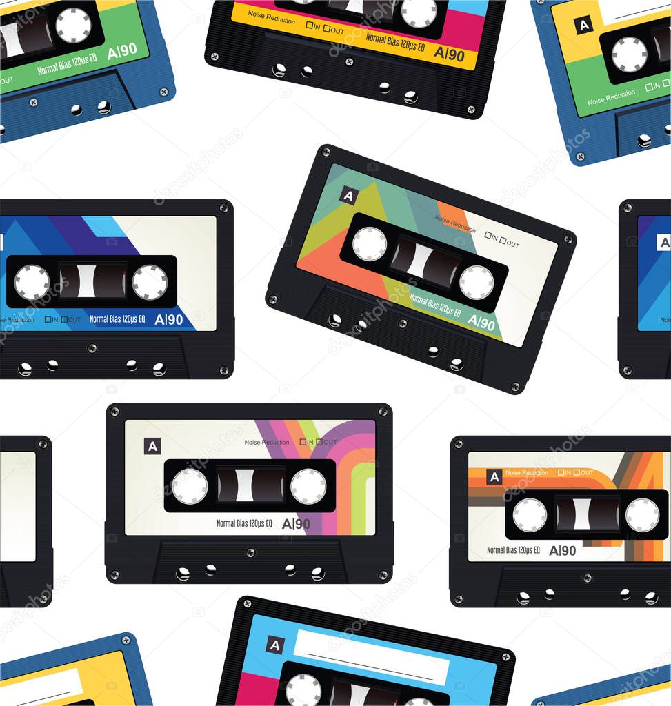 Retro vintage cassette tape seamless background isolated on white