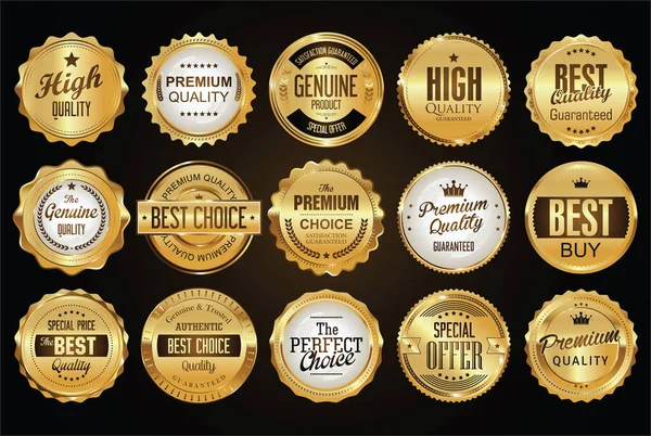 Collection Golden Badges Labels Laurels Ribbons — Stock Vector