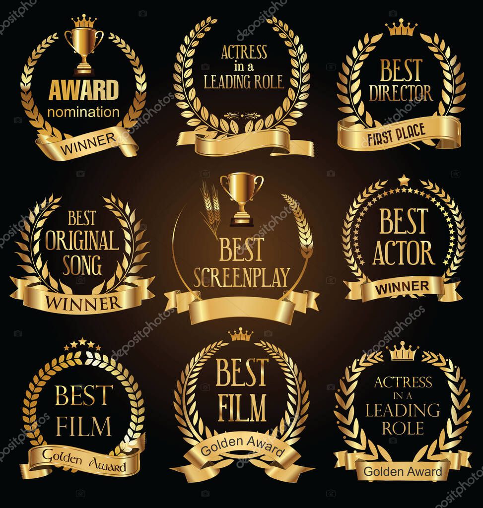 Collection of golden label with laurel wreath film award luxury template design