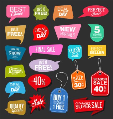 Siyah arkaplan illüstrasyon koleksiyonunda indirim etiketleri