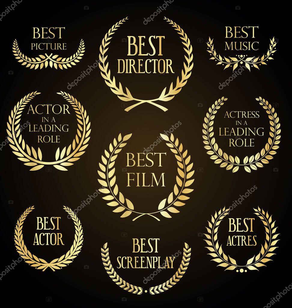 Collection of golden label with laurel wreath film award luxury template design