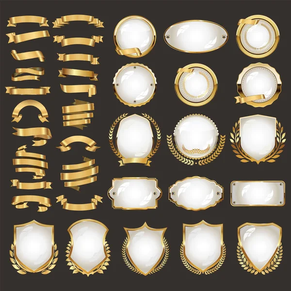 Uma Coleção Vários Emblemas Fitas Ouro Etiquetas Ilustração —  Vetores de Stock