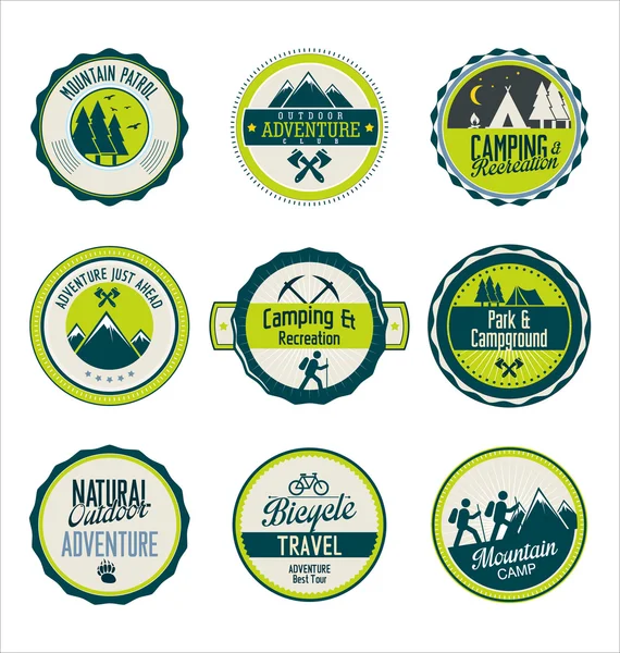 Set of outdoor adventure blue and green retro labels — Stock Vector