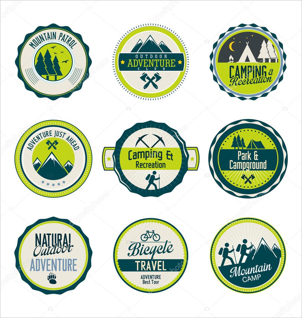 Set of outdoor adventure blue and green retro labels