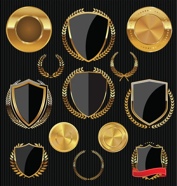 Golden shields, laurels and medals collection — Stock Vector