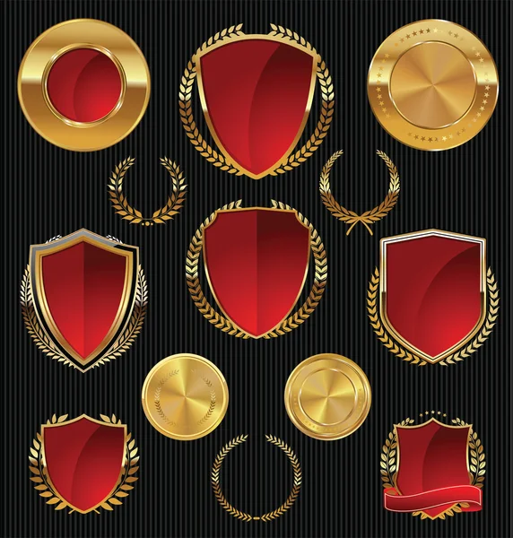 Golden shields, laurels and medals collection — Stock Vector