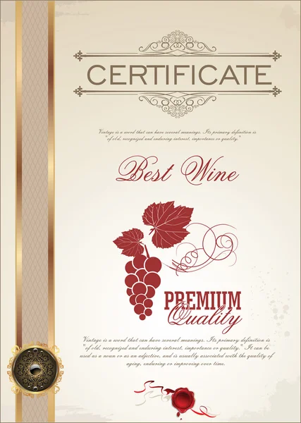 Certificat, étiquettes et médaille - Meilleur vin — Image vectorielle