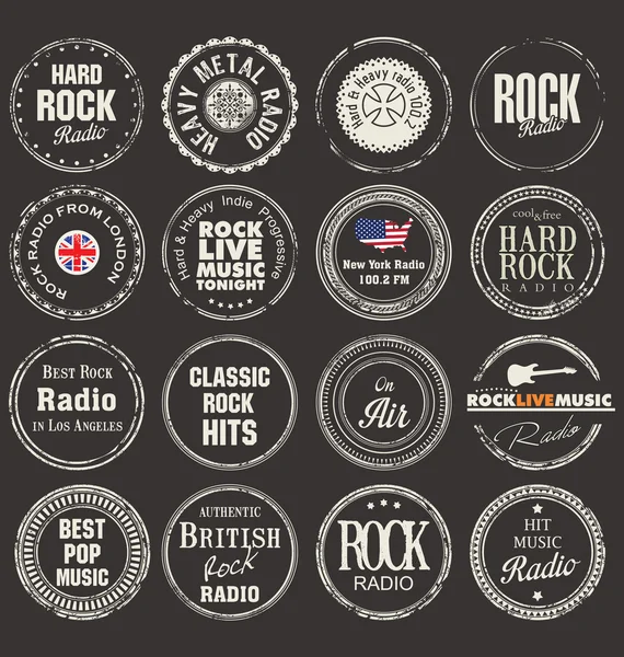 Rock radyo istasyonu grunge rozetleri — Stok Vektör
