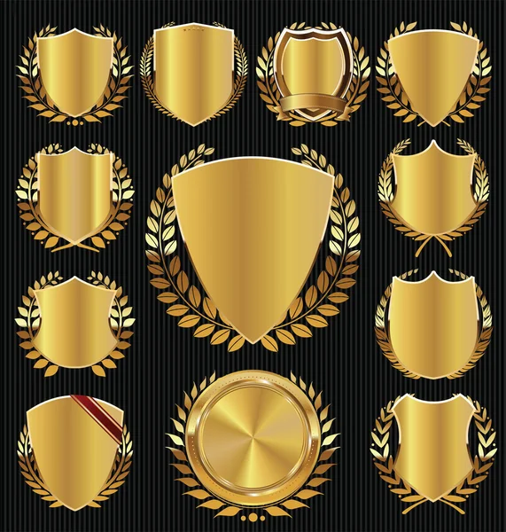Colección de escudo dorado y corona de laurel — Vector de stock