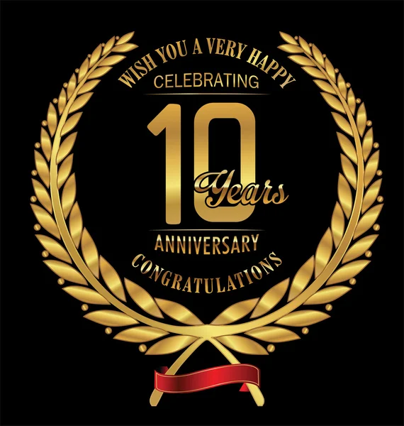 Verjaardag gouden lauwerkrans 10 jaar — Stockvector