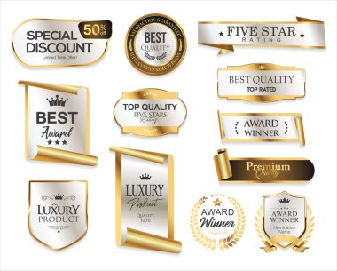 Zarif inci beyazı etiketler rozet ve kurdele koleksiyonu, altın çerçeveli parlak etiketler.
