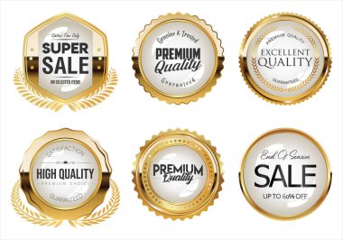 Collection of sale tags labels ribbon emblems and badges, white text stock illustration 