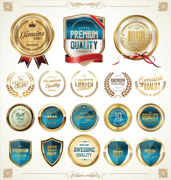 Kwaliteit gouden badges en etiketten collectie — Stockvector