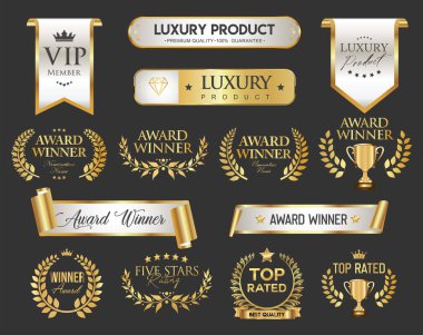 Ödül kazananların madalya logosu beyaz amblemler, rozetler ve şöhret koleksiyonu altın ödül logosu tasarımı izole hisse senedi çizimleri