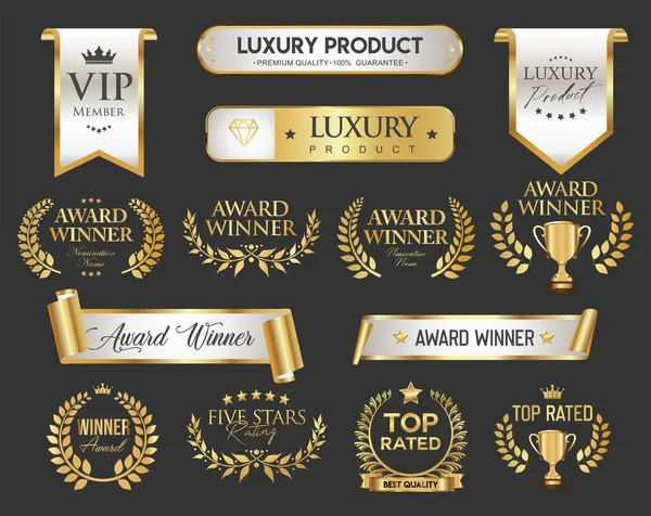 Ödül kazananların madalya logosu beyaz amblemler, rozetler ve şöhret koleksiyonu altın ödül logosu tasarımı izole hisse senedi çizimleri