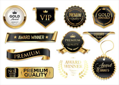 VIP, yüksek kalite, lüks ve altın ödülü amblemi siyah ve altın izole hisse senedi illüstrasyonu 