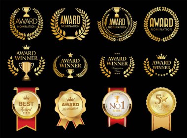 Altın madalya rozetleri defne çelenkleri, taçlar ve ödüller. Altın ödüllü amblem düz tasarım