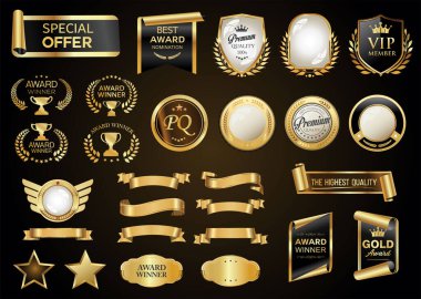 Altın madalya rozetleri defne çelenkleri, taçlar ve ödüller. Altın ödüllü amblem düz tasarım