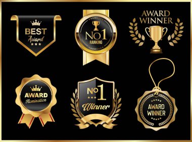 Altın madalya rozetleri defne çelenkleri, taçlar ve ödüller. Altın ödüllü amblem düz tasarım 