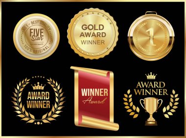 Altın madalya rozetleri defne çelenkleri, taçlar ve ödüller. Altın ödüllü amblem düz tasarım 