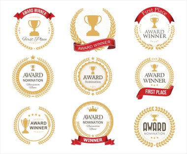 Ödül sahibi ve aday isim amblemi altın renkli defne çelengi stok çizimi koleksiyonu