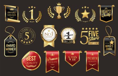Number 1 award winner, Best Quality Luxury Gold badge premium emblem isolated on black background stock illustration
