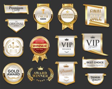 Ödül kazananların madalya logosu beyaz amblemler, kaliteli rozetler ve şöhret koleksiyonu altın ödül logosu tasarımı izole hisse senedi çizimleri