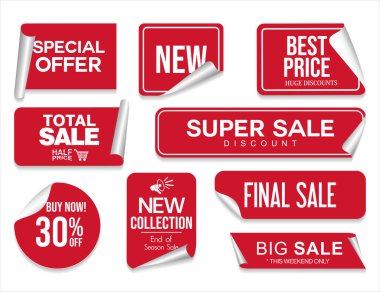Fiyat etiketleri, kırmızı kurdele afişleri. Satış promosyonu, web sitesi etiketleri, yeni teklif rozet koleksiyonu izole edilmiş