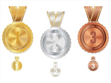 Madalya ikonu seti. Gerçekçi madalya koleksiyonu. Altın madalyalar, gerçekçi illüstrasyon. Birincilik madalyası ya da düğme