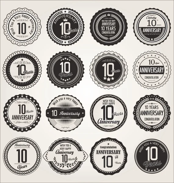 Anniversary retro labels collection 10 years — Stock Vector