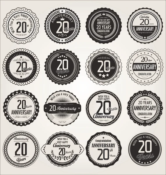 Anniversary retro labels collection 20 years — Stock Vector