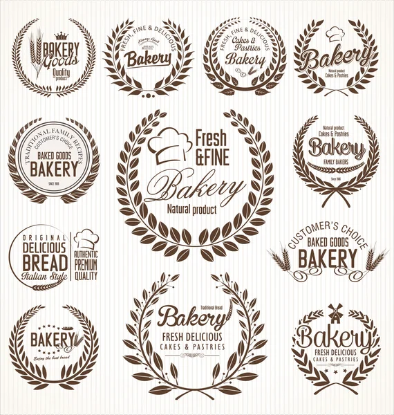 Panadería laurel corona etiquetas retro — Vector de stock