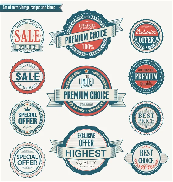 Set of retro vintage blue and red badges and labels — Stock Vector