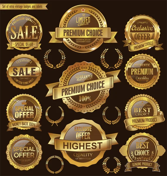 Zlatá kolekce retro odznaky a štítky — Stockový vektor