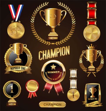 Altın Kupa ve madalya defne çelengi vektör çizim ile