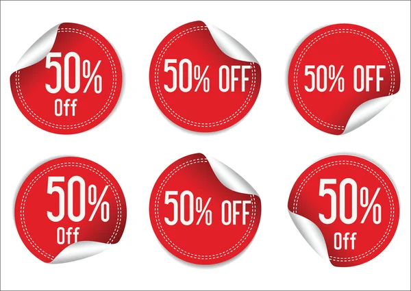 50 procent korting op rood papier verkoop stickers — Stockvector