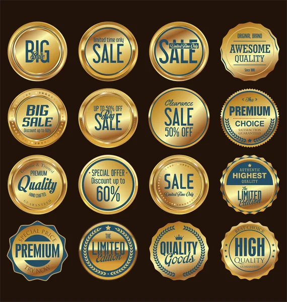 Verkoop retro vintage gouden badges en etiketten — Stockvector