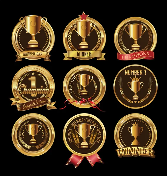 Trophée d'or et médaille avec illustration vectorielle en couronne de laurier — Image vectorielle