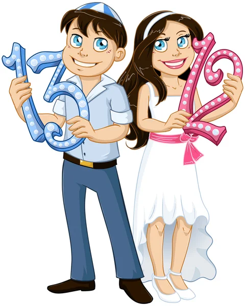 Jewish Boy And Girl Hold Numbers For Bar Bat Mitzvah — Stock Vector