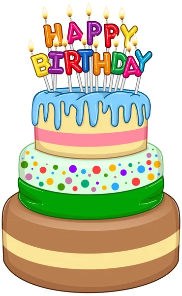 Three Floors Happy Birthday Cake With Candles — Stock Vector