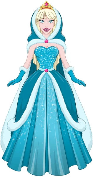 Princesa de nieve en vestido azul capa y capucha — Vector de stock