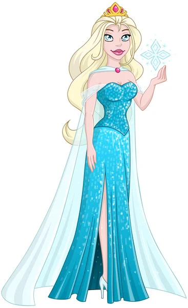 Snow Princess In blauwe jurk houdt Snowflake — Stockvector