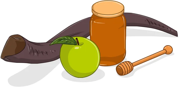 Honey Jar Apple And Shofar For Yom Kippur — Stock Vector