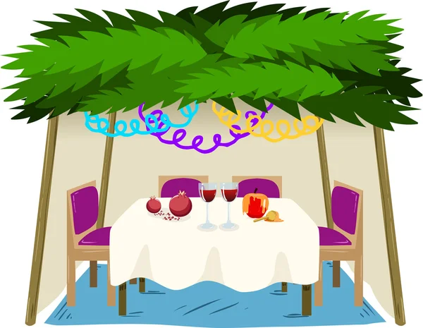 Sukkah para Sukkot com comida na mesa — Vetor de Stock