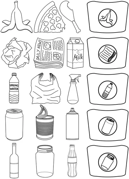 Garrafas de comida Latas Lixeira de papel Recycle Pack Lineart Vetores De Stock Royalty-Free