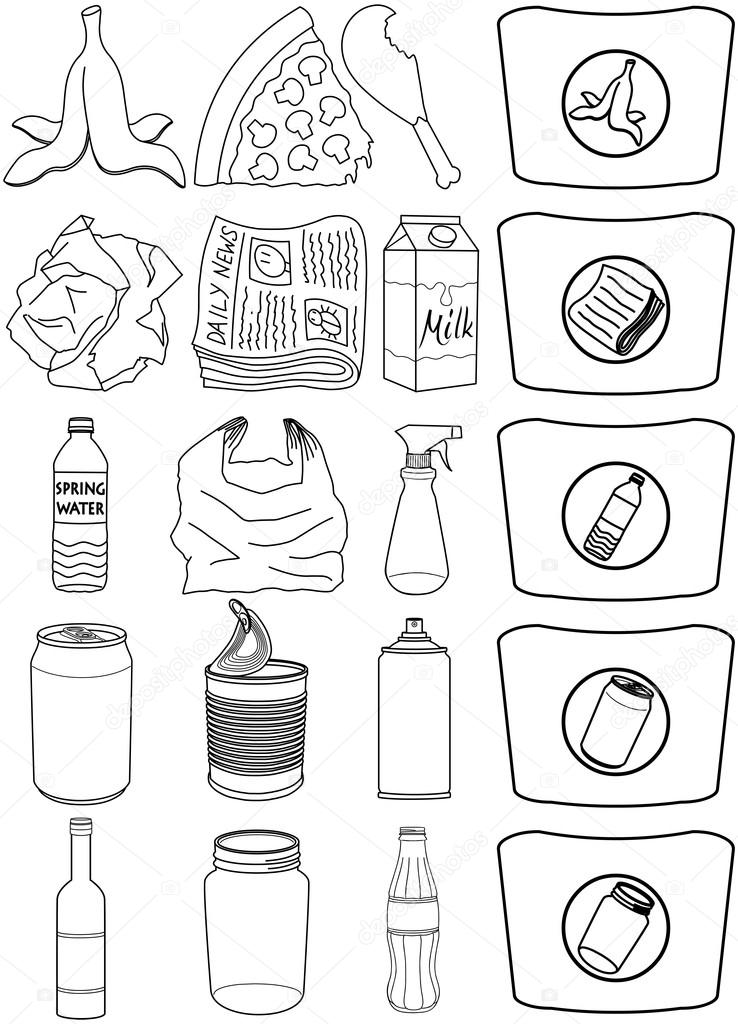 Food Bottles Cans Paper Trash Recycle Pack Lineart